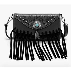 NWOT Lavawa Black Tassel Studded Silver Fringe Crossbody Purse Western Cowgirl